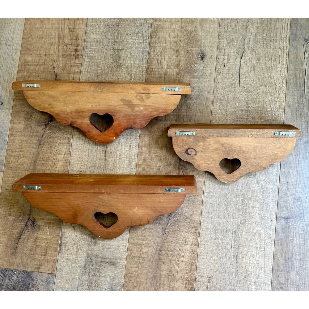 Vintage Solid Wood Heart Cutout Floating Wall Shelves Set of 3 Country Farmhouse